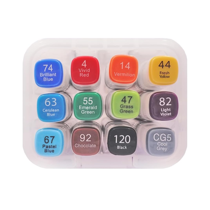 12-Piece Set of Alcohol Dual Tip Markers (Primary Colors)