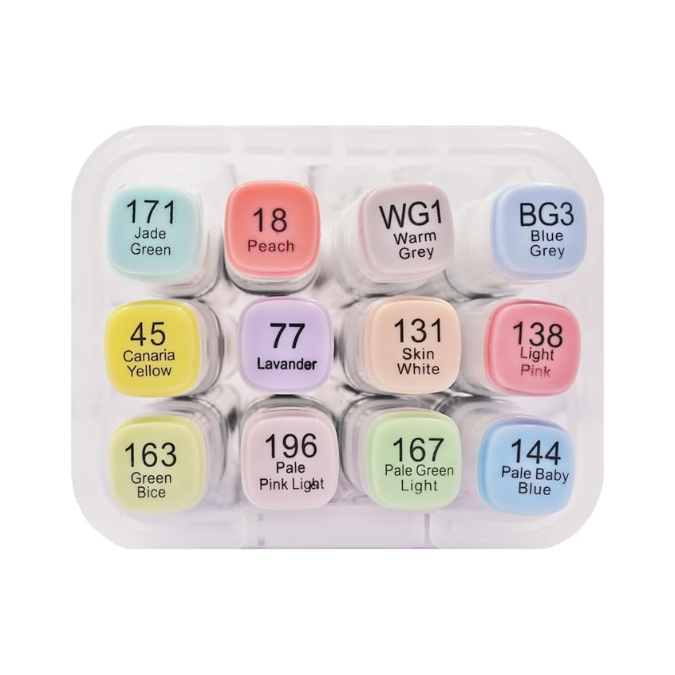 12-Piece Set of Alcohol Dual Tip Markers (Pastel Colors)