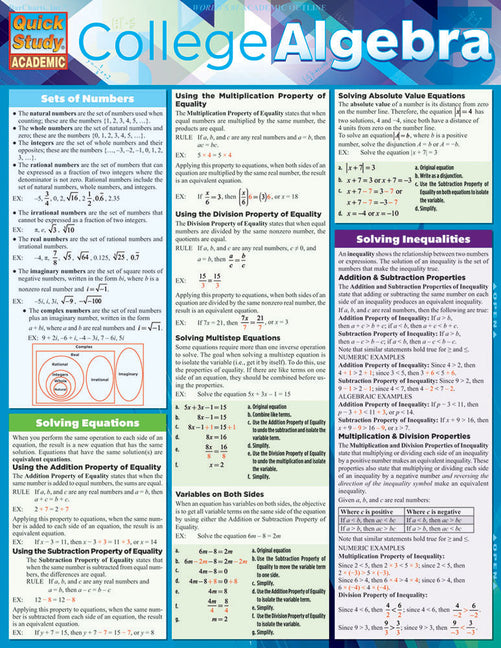 College Algebra: Quickstudy Laminated Reference Guide