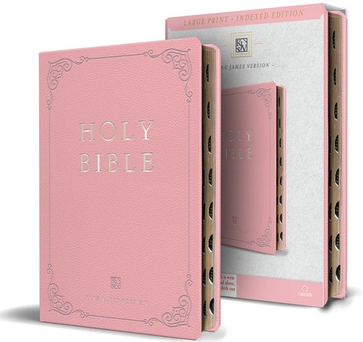 KJV Holy Bible, Large Print Handy Size Format, Pink Premium Imitation Leather with Ribbon Marker, Red Letter, Thumb Index